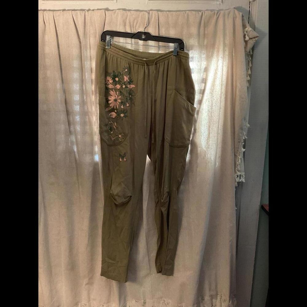 Oslo  Army Green Floral and butterfly Painted Cargo Pants Size 12